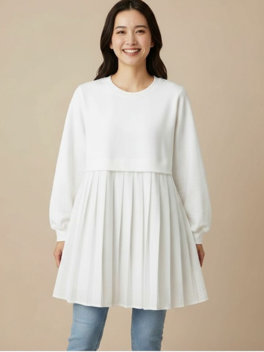 White Pleated Long-Sleeve Tunic